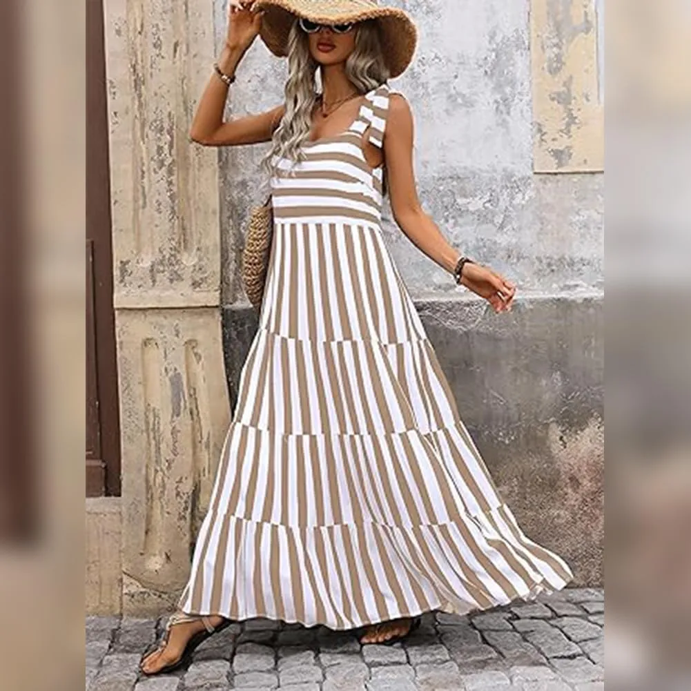 Womens 2024 Summer Sleeveless Spaghetti Strap Long Floral Maxi Dress Boho Flowy Striped Dress A Line Beach Sundresses