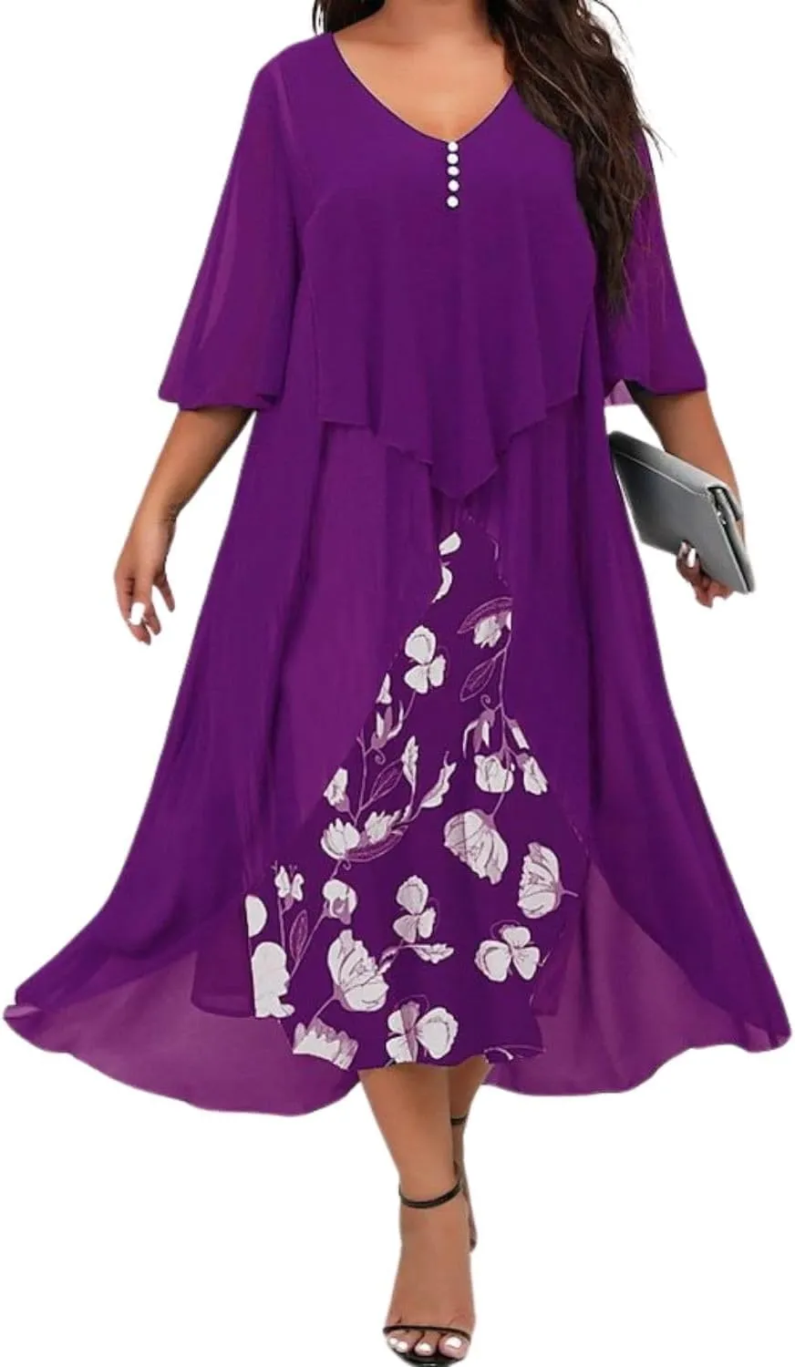 Women's 3/4 Sleeve Dating A Line Dress Business V Neck Sundress Sexy Loose Fit Midi Dress
