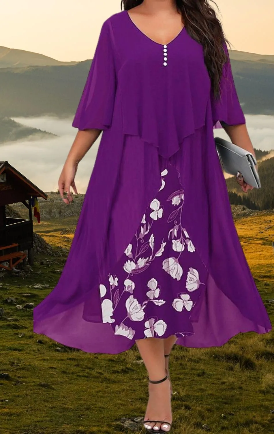 Women's 3/4 Sleeve Dating A Line Dress Business V Neck Sundress Sexy Loose Fit Midi Dress