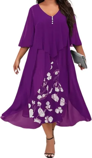 Women's 3/4 Sleeve Dating A Line Dress Business V Neck Sundress Sexy Loose Fit Midi Dress