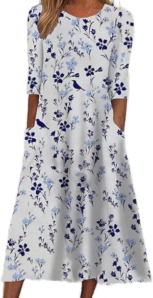 Womens Boho Dresses 2025 Vintage Floral Print Maxi Dress Crewneck Sun Dress Short Sleeve Flowy Dresses with Pockets