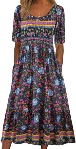 Womens Boho Dresses 2025 Vintage Floral Print Maxi Dress Crewneck Sun Dress Short Sleeve Flowy Dresses with Pockets