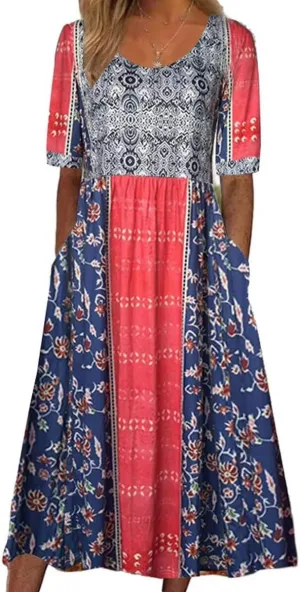 Womens Boho Dresses 2025 Vintage Floral Print Maxi Dress Crewneck Sun Dress Short Sleeve Flowy Dresses with Pockets