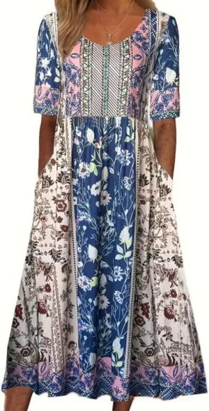 Womens Boho Dresses 2025 Vintage Floral Print Maxi Dress Crewneck Sun Dress Short Sleeve Flowy Dresses with Pockets