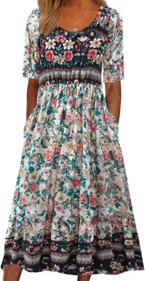 Womens Boho Dresses 2025 Vintage Floral Print Maxi Dress Crewneck Sun Dress Short Sleeve Flowy Dresses with Pockets
