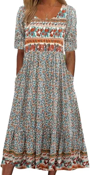 Womens Boho Dresses 2025 Vintage Floral Print Maxi Dress Crewneck Sun Dress Short Sleeve Flowy Dresses with Pockets