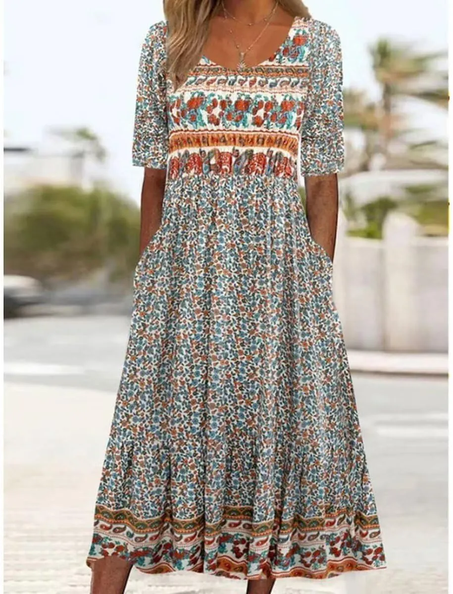 Womens Boho Dresses 2025 Vintage Floral Print Maxi Dress Crewneck Sun Dress Short Sleeve Flowy Dresses with Pockets