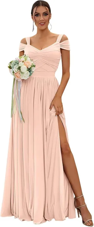 Women's Bridesmaid Dresses for Wedding Chiffon Off Shoulder A-line Formal Evening Gowns with Slit