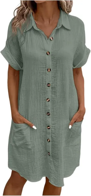 Womens Button Down Shirt Dress Summer Cotton Linen Dress V-Neck Mini Dress Casual Short Sleeve Loose Tunic Dresses