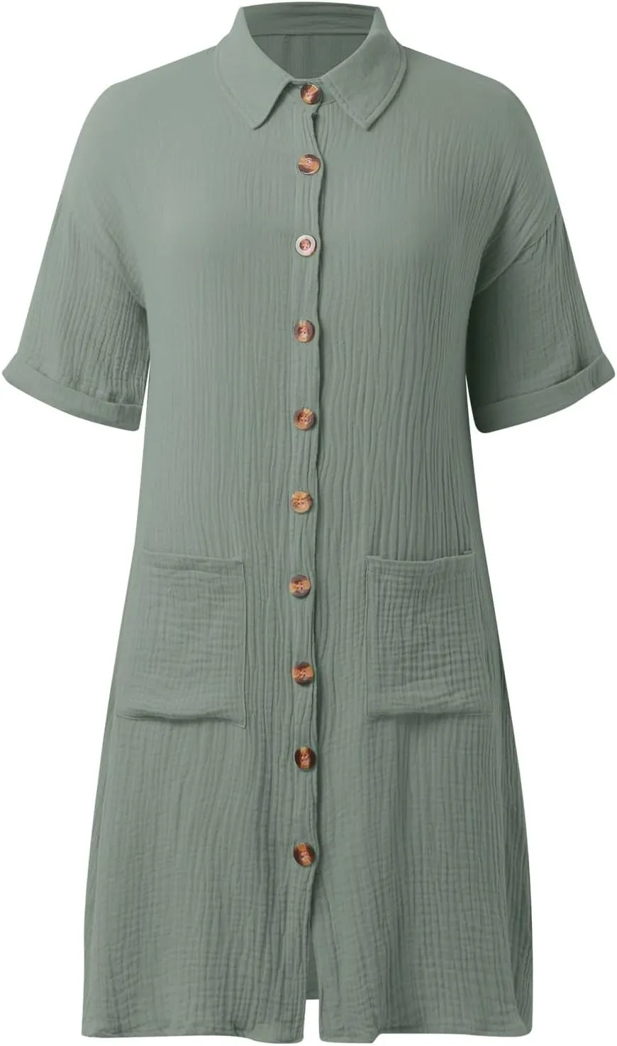 Womens Button Down Shirt Dress Summer Cotton Linen Dress V-Neck Mini Dress Casual Short Sleeve Loose Tunic Dresses