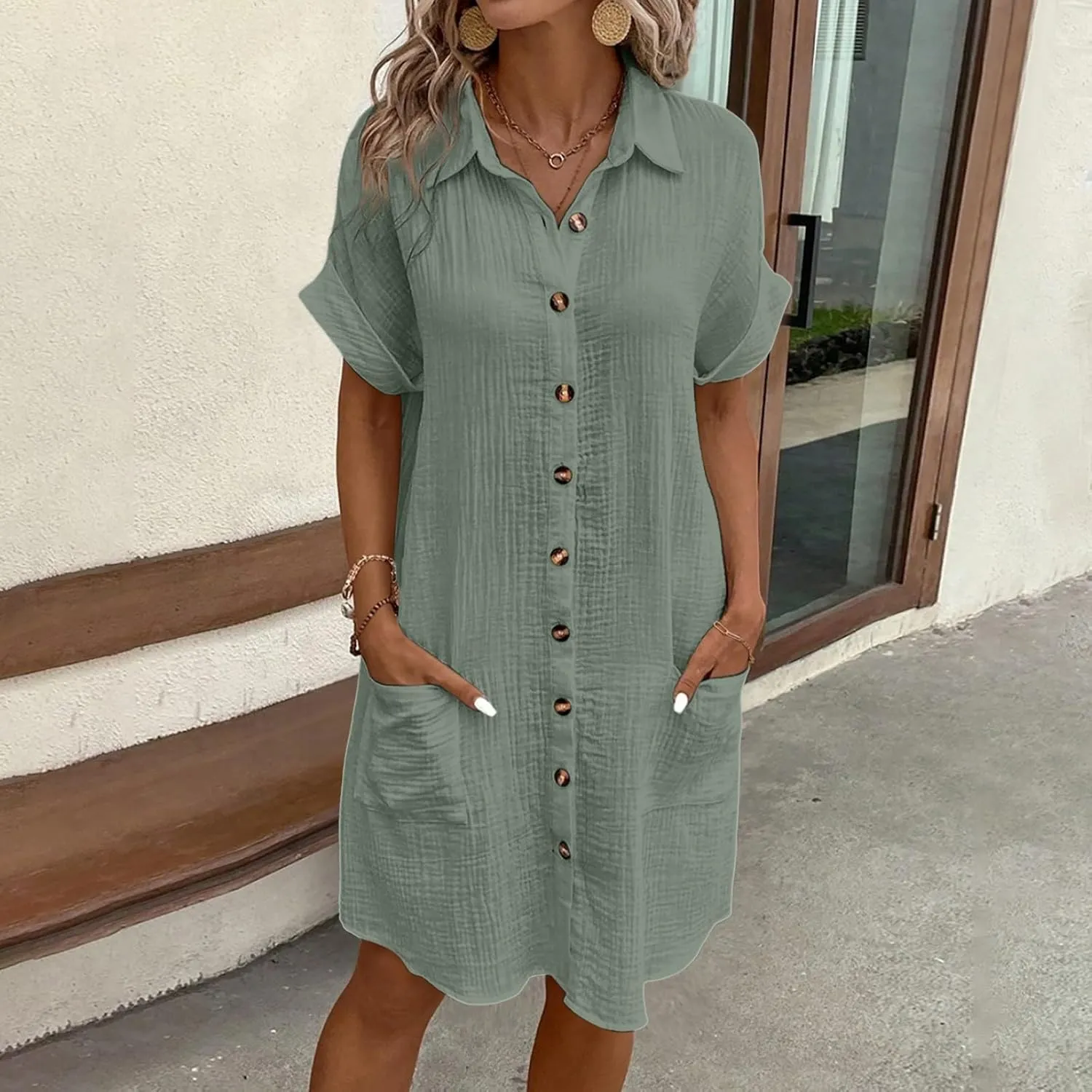 Womens Button Down Shirt Dress Summer Cotton Linen Dress V-Neck Mini Dress Casual Short Sleeve Loose Tunic Dresses