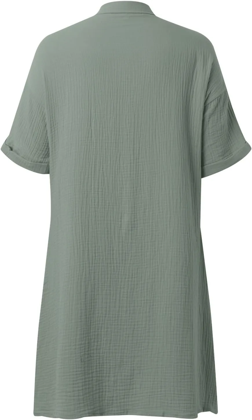 Womens Button Down Shirt Dress Summer Cotton Linen Dress V-Neck Mini Dress Casual Short Sleeve Loose Tunic Dresses