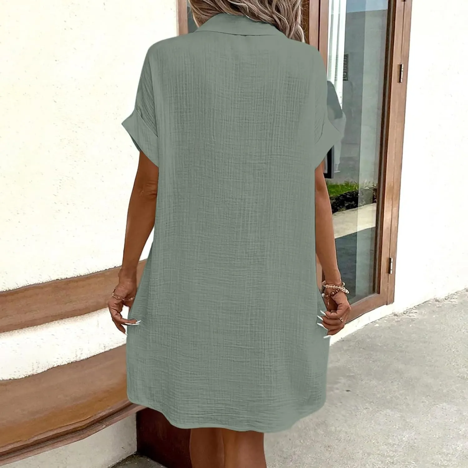 Womens Button Down Shirt Dress Summer Cotton Linen Dress V-Neck Mini Dress Casual Short Sleeve Loose Tunic Dresses