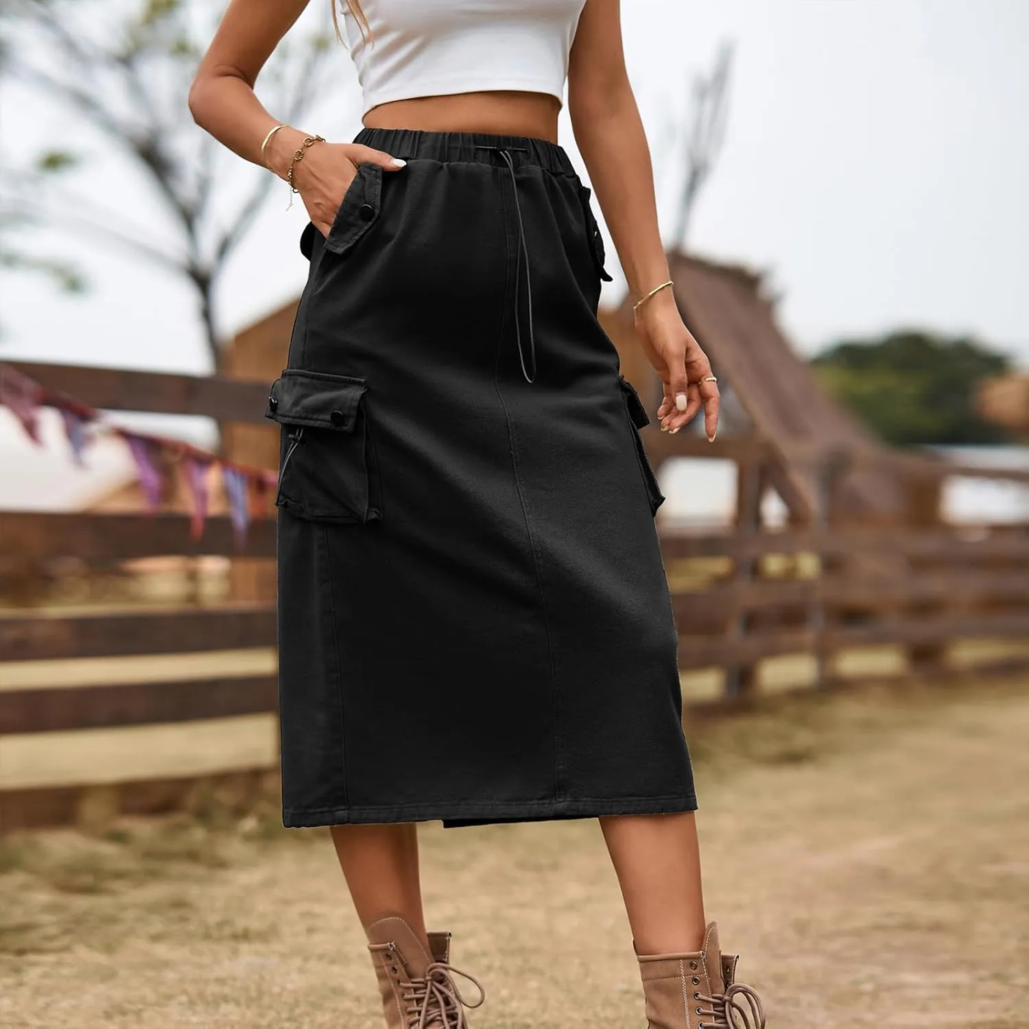 Women's Casual Cargo Denim Midi Skirt, Loose Comfy A-Line Skirts High Waisted Stretch Drawstring Streetwear Clothes