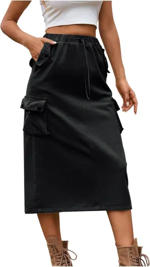 Women's Casual Cargo Denim Midi Skirt, Loose Comfy A-Line Skirts High Waisted Stretch Drawstring Streetwear Clothes