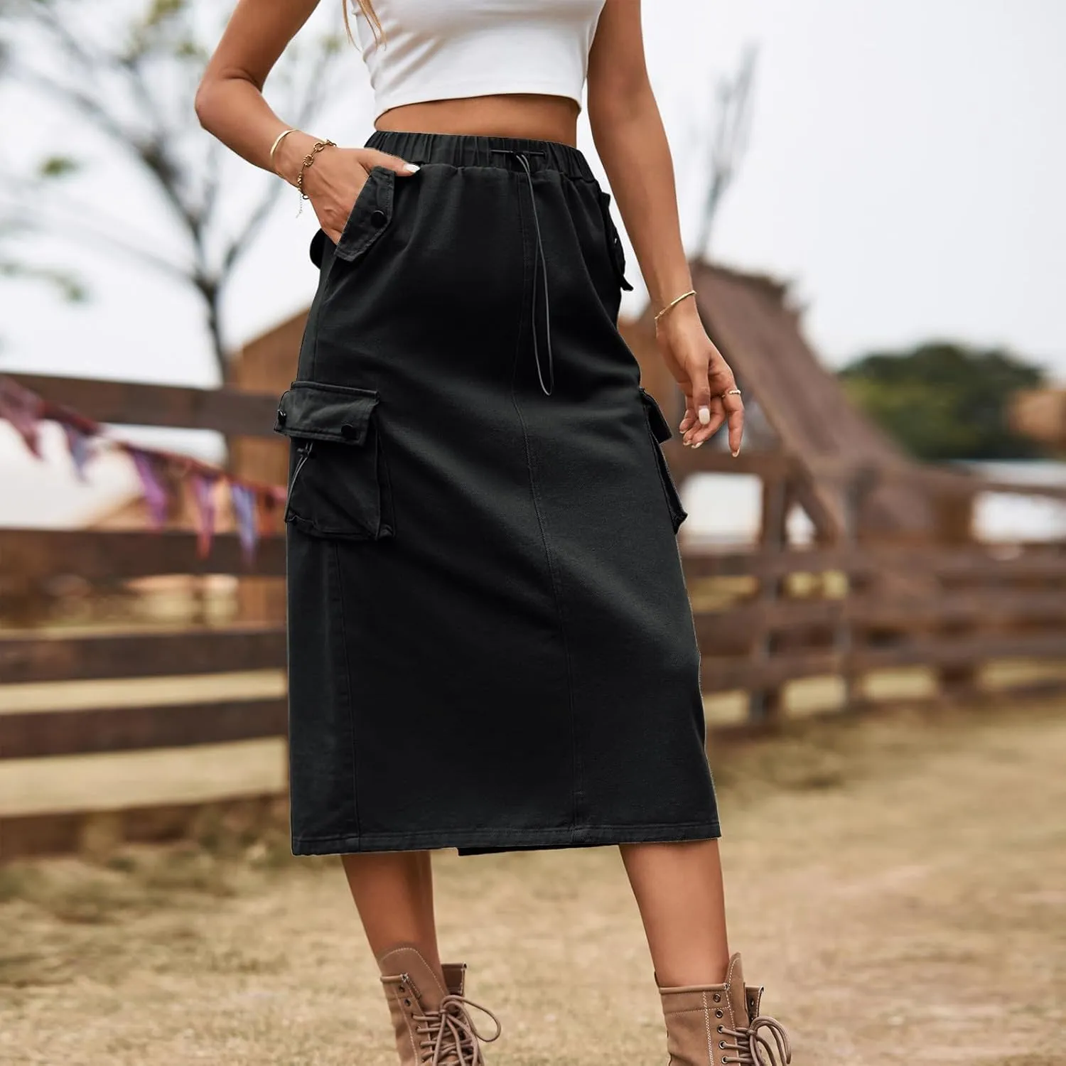 Women's Casual Cargo Denim Midi Skirt, Loose Comfy A-Line Skirts High Waisted Stretch Drawstring Streetwear Clothes