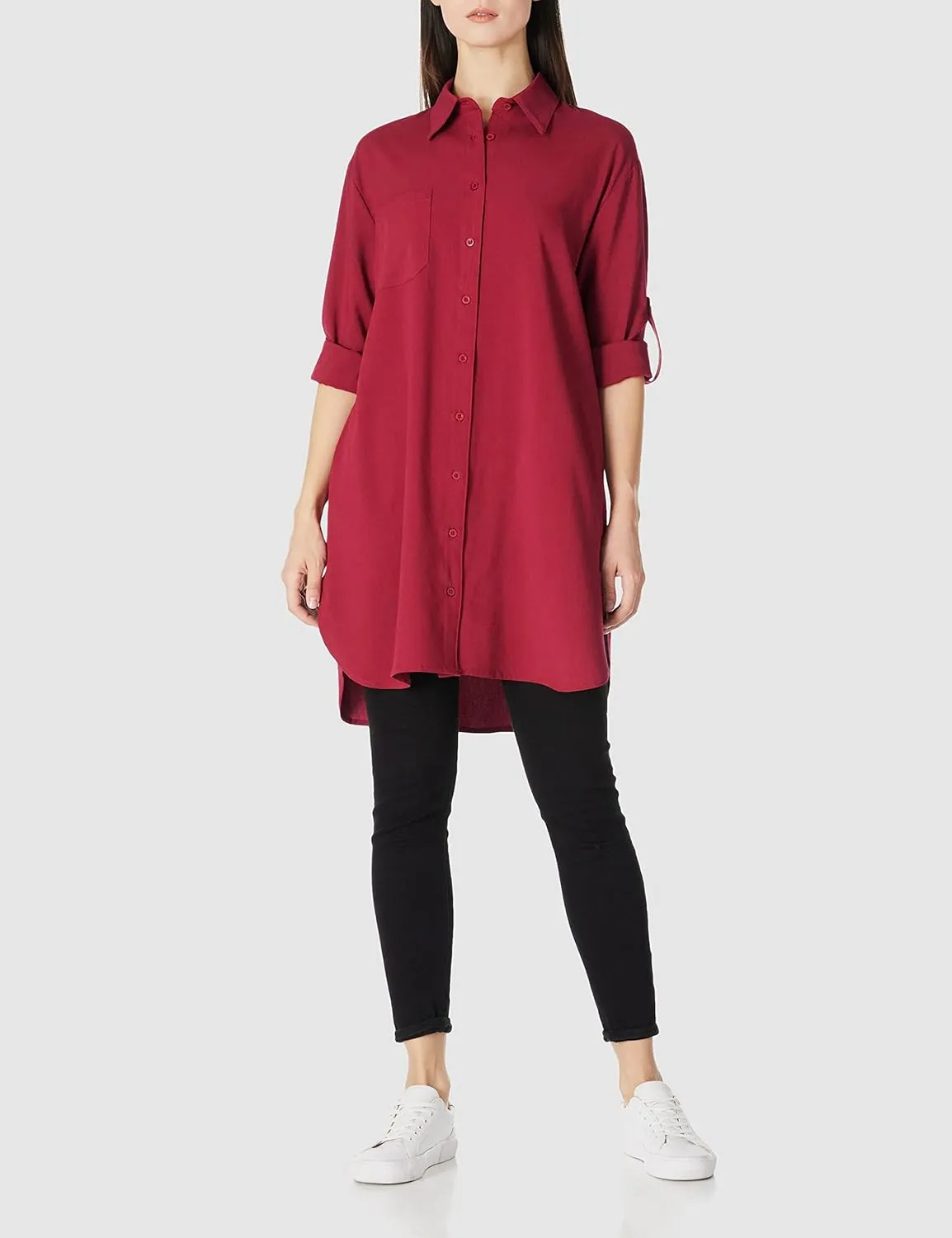 Women's Casual Cuffed Long Sleeve Button Down Shirt Dress Plus Size V Neck Tunic Blouses Tops with Pockets