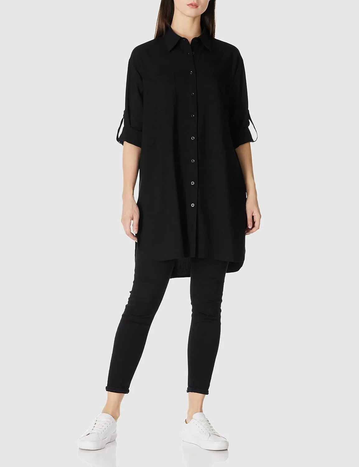 Women's Casual Cuffed Long Sleeve Button Down Shirt Dress Plus Size V Neck Tunic Blouses Tops with Pockets