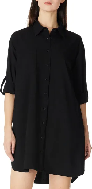Women's Casual Cuffed Long Sleeve Button Down Shirt Dress Plus Size V Neck Tunic Blouses Tops with Pockets