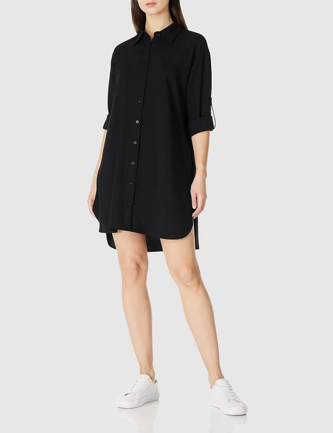 Women's Casual Cuffed Long Sleeve Button Down Shirt Dress Plus Size V Neck Tunic Blouses Tops with Pockets