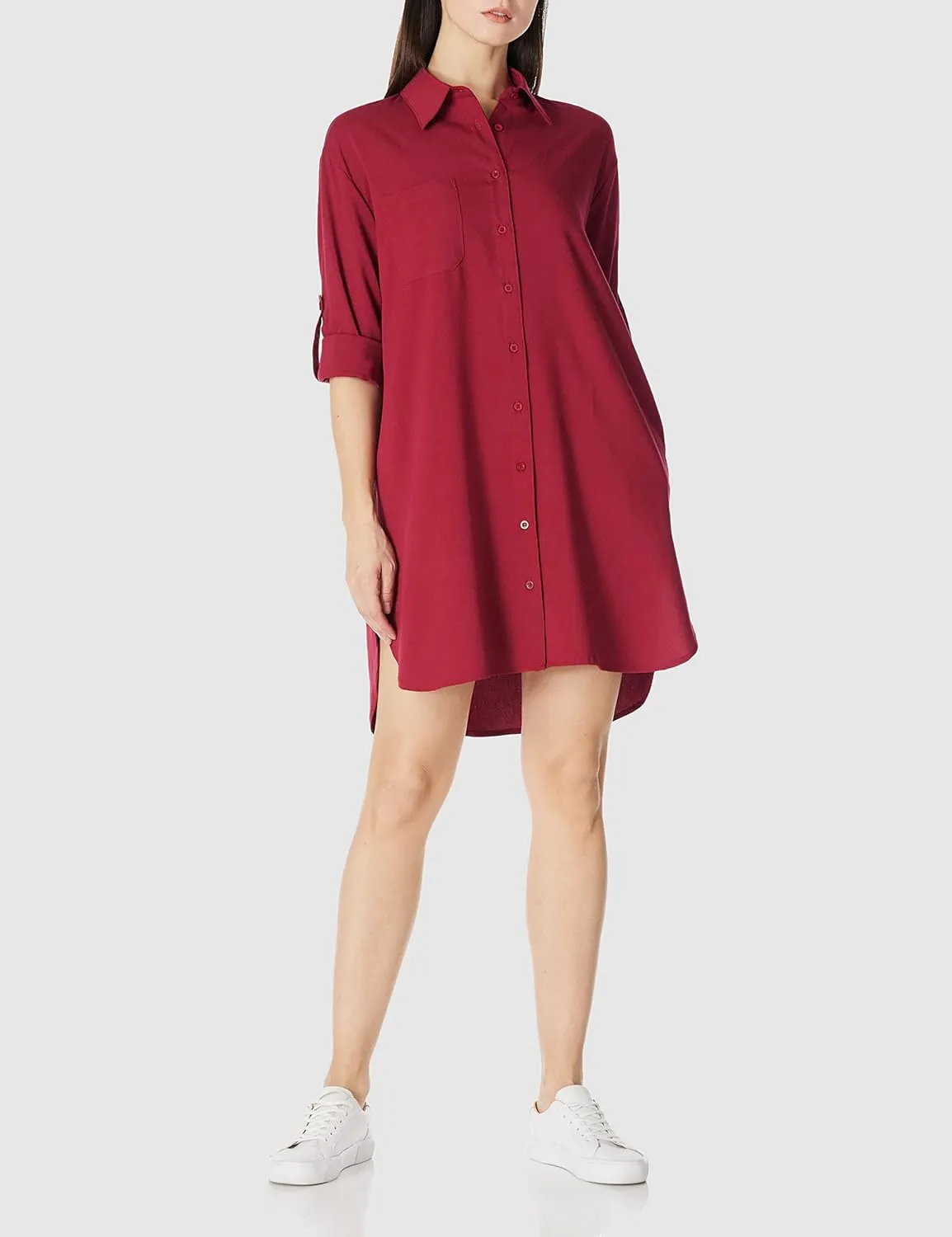 Women's Casual Cuffed Long Sleeve Button Down Shirt Dress Plus Size V Neck Tunic Blouses Tops with Pockets