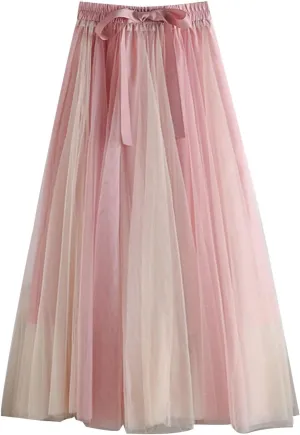Women's Color Block Tulle Skirt Formal Pleated Flowy Midi Length Elastic Waist Tutu Layered Puffy Bow Fairy Skirts