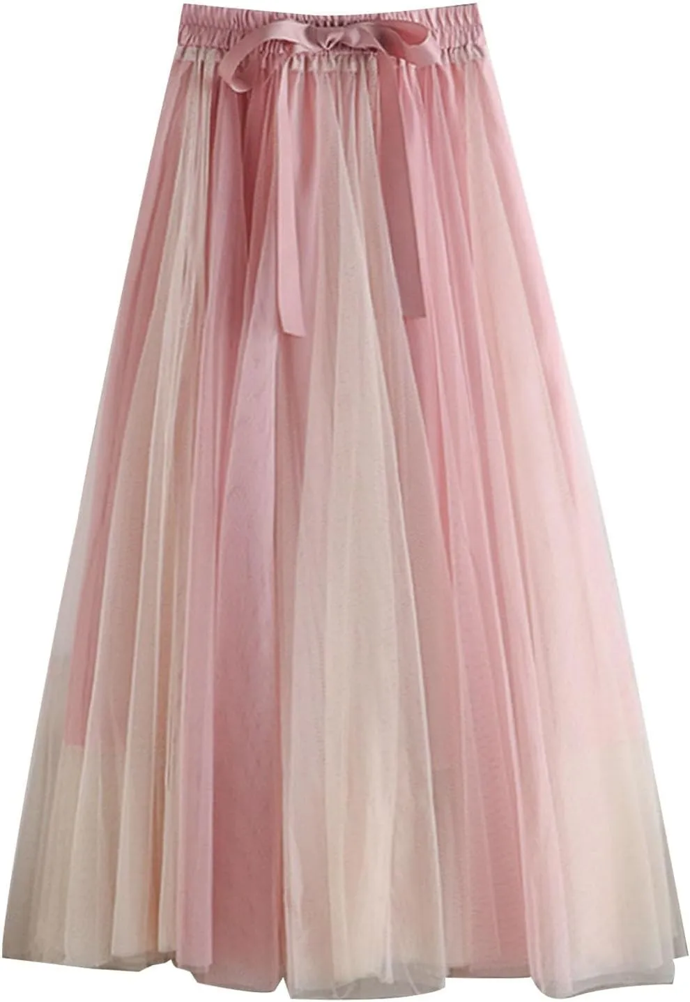Women's Color Block Tulle Skirt Formal Pleated Flowy Midi Length Elastic Waist Tutu Layered Puffy Bow Fairy Skirts