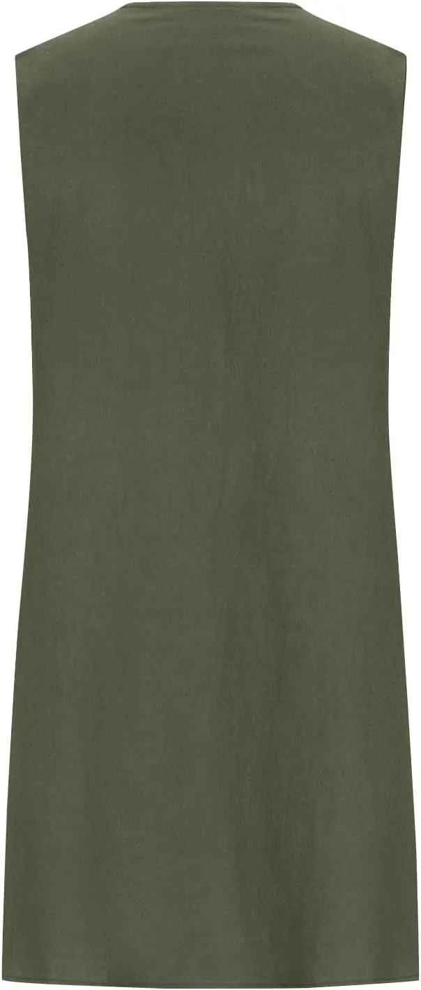 Womens Cotton Linen Casual Dresses Summer Sleeveless Crewneck Pleated Midi Dress 2025 Trendy Loose Beach Sundress