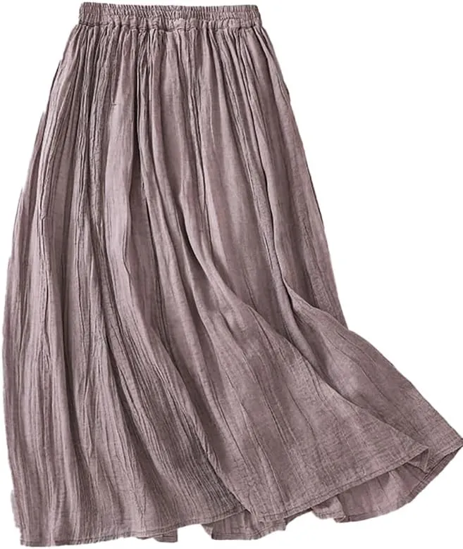 Womens Cotton Linen Skirts Summer Casual Flowy Elastic High Waist Pleated A-Line Midi Skirts with Pockets