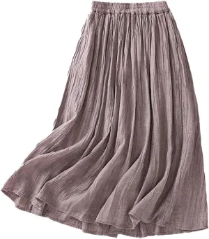 Womens Cotton Linen Skirts Summer Casual Flowy Elastic High Waist Pleated A-Line Midi Skirts with Pockets