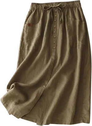 Women's Cotton Linen Split Midi Skirt, Fashion Drawstring High Waisted Casual Skirts Summer Comfy Breathable Clothes