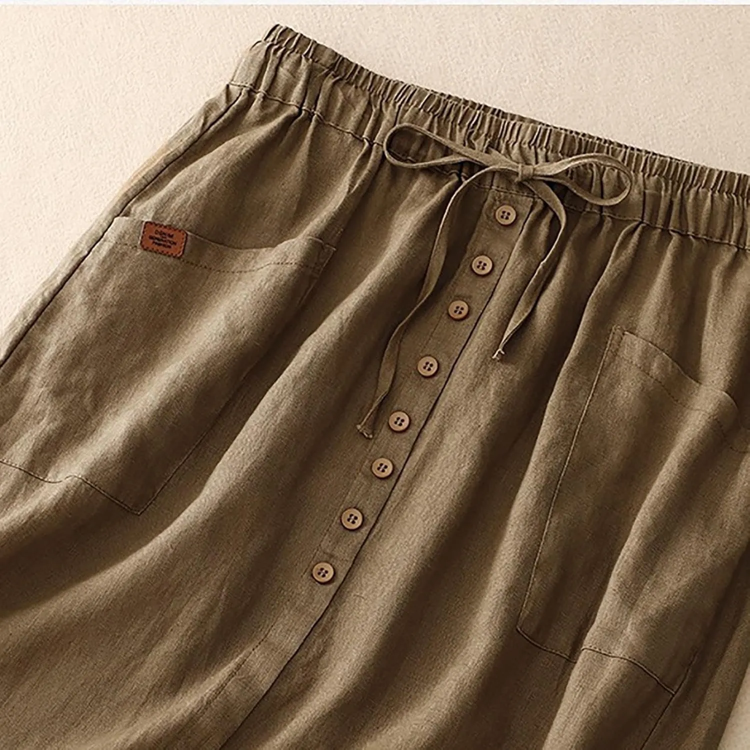 Women's Cotton Linen Split Midi Skirt, Fashion Drawstring High Waisted Casual Skirts Summer Comfy Breathable Clothes