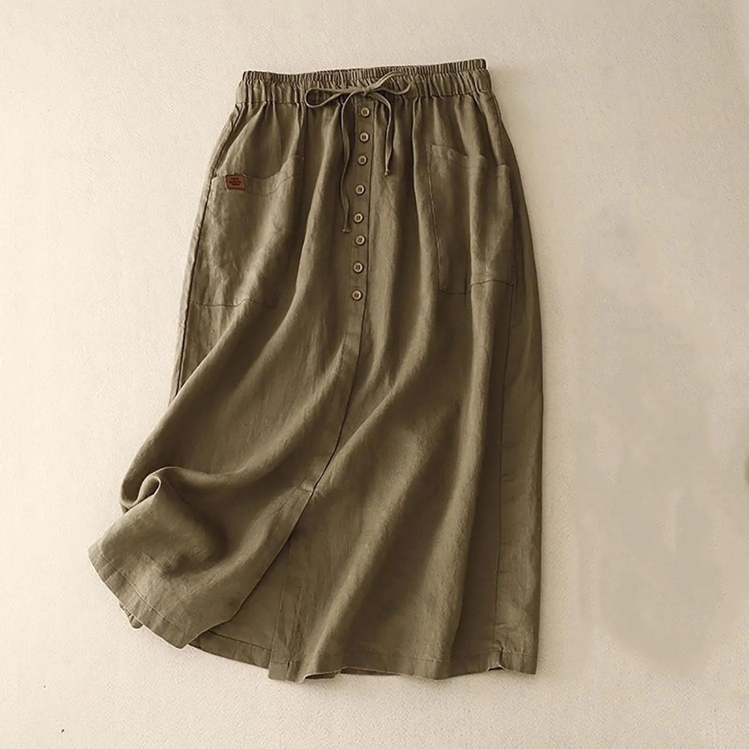 Women's Cotton Linen Split Midi Skirt, Fashion Drawstring High Waisted Casual Skirts Summer Comfy Breathable Clothes