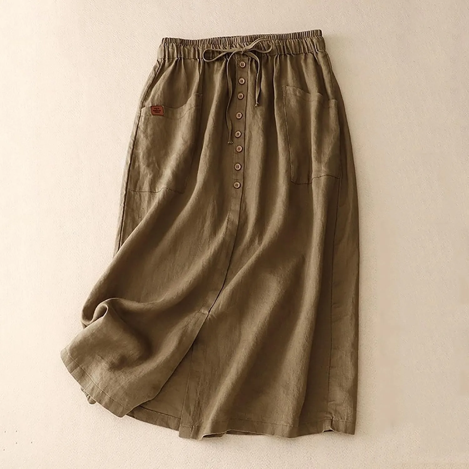 Women's Cotton Linen Split Midi Skirt, Fashion Drawstring High Waisted Casual Skirts Summer Comfy Breathable Clothes