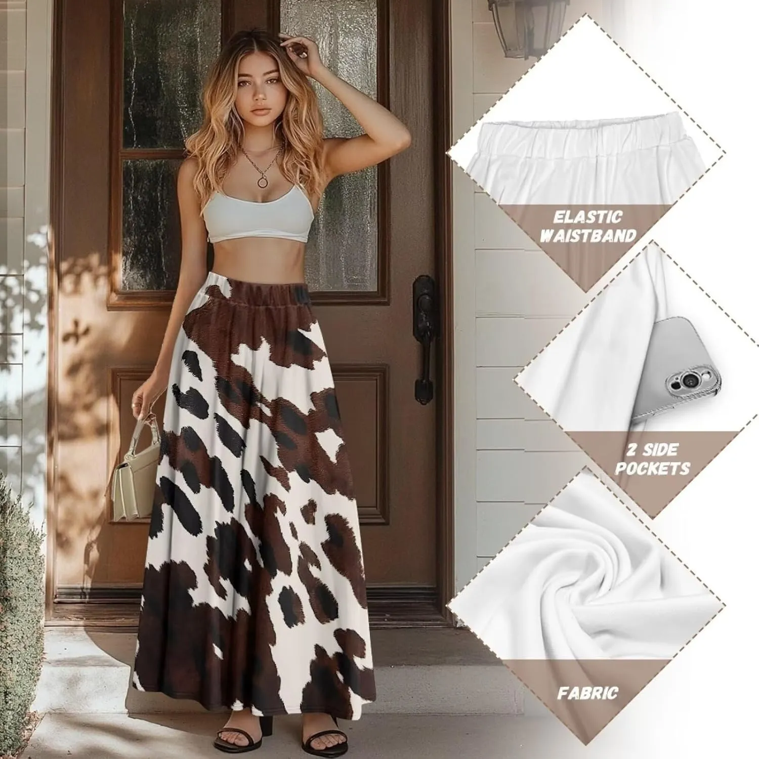 Women's Flowy Maxi Skirts with Pockets Summer Casual Pleated A-Line Skirts Soft High Waist Midi Long Skirt S-XXL