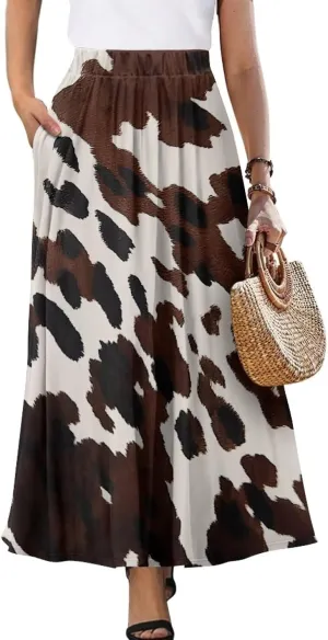 Women's Flowy Maxi Skirts with Pockets Summer Casual Pleated A-Line Skirts Soft High Waist Midi Long Skirt S-XXL