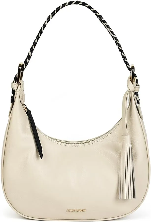 Womens Genuine Leather Shoulder Bag  Braided Strap Half-Moon Purse with Tassel  Minimalist Hobo Style for Work & Daily Use(Off-white)