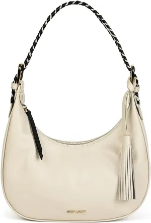 Womens Genuine Leather Shoulder Bag  Braided Strap Half-Moon Purse with Tassel  Minimalist Hobo Style for Work & Daily Use(Off-white)