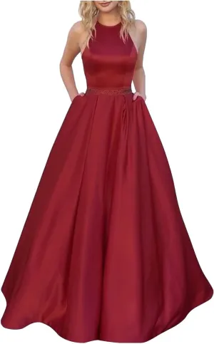 Women's Halter A-line Beaded Satin Evening Prom Dress Long Formal Gown with Pockets