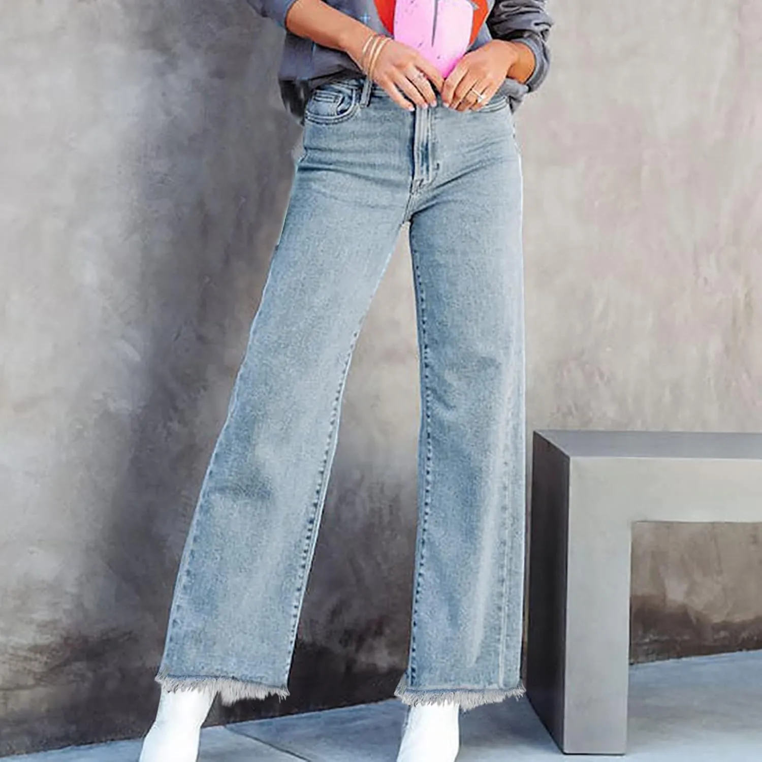 Womens Jeans High Waist Baggy Wide Leg Denim Pants Zipper Pocket Straight Jeans Trousers Casual Loose Fit Jeans Pants