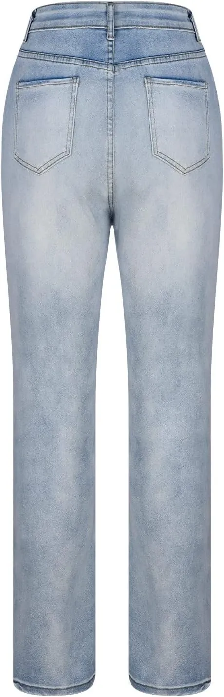 Womens Jeans High Waist Baggy Wide Leg Denim Pants Zipper Pocket Straight Jeans Trousers Casual Loose Fit Jeans Pants