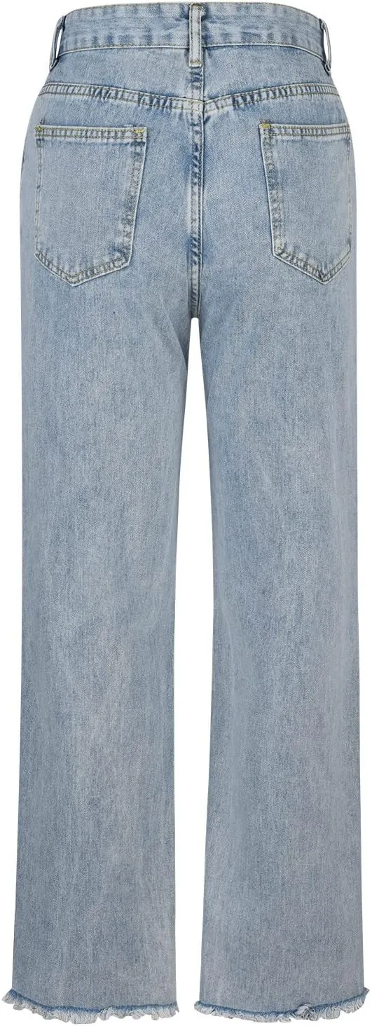 Womens Jeans High Waist Baggy Wide Leg Denim Pants Zipper Pocket Straight Jeans Trousers Casual Loose Fit Jeans Pants