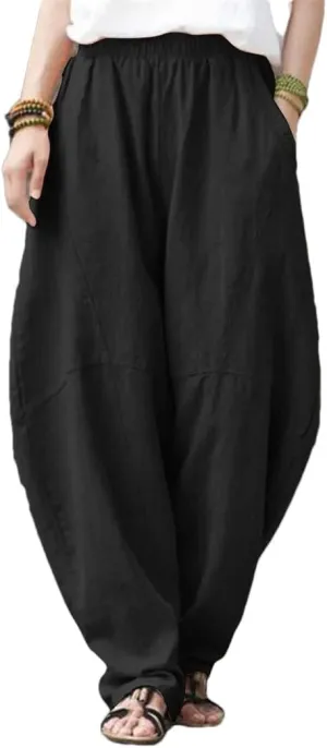 Womens Linen Harem Pants Elastic Waist Loose Fit Casual Solid Color Summer Harajuku Trousers