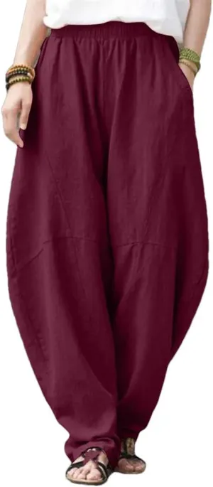 Womens Linen Harem Pants Elastic Waist Loose Fit Casual Solid Color Summer Harajuku Trousers
