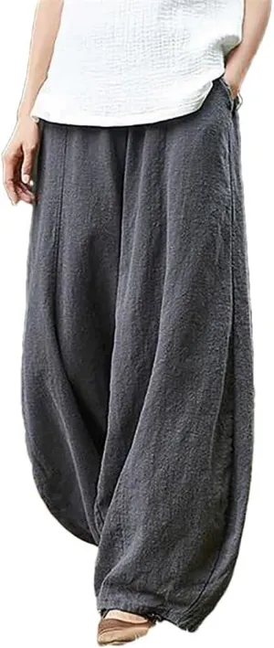 Womens Linen Pocket Pants High Waist Elastic Straight Breathable Cotton Blend Loose Trousers