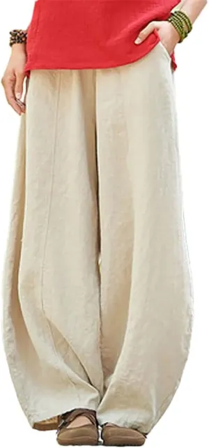 Womens Linen Pocket Pants High Waist Elastic Straight Breathable Cotton Blend Loose Trousers