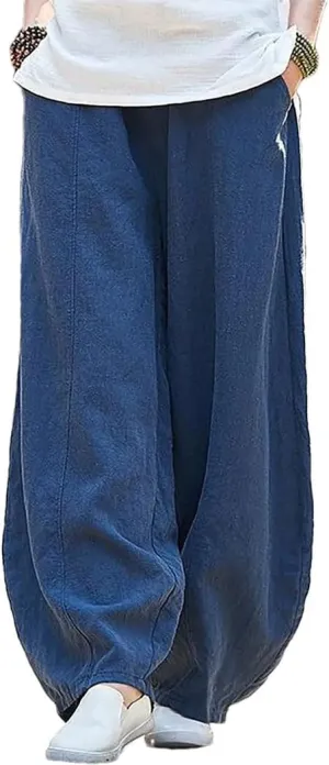 Womens Linen Pocket Pants High Waist Elastic Straight Breathable Cotton Blend Loose Trousers