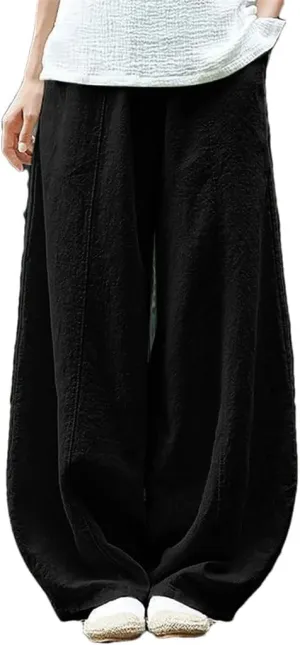 Womens Linen Pocket Pants High Waist Elastic Straight Breathable Cotton Blend Loose Trousers