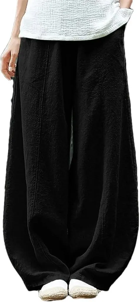 Womens Linen Pocket Pants High Waist Elastic Straight Breathable Cotton Blend Loose Trousers