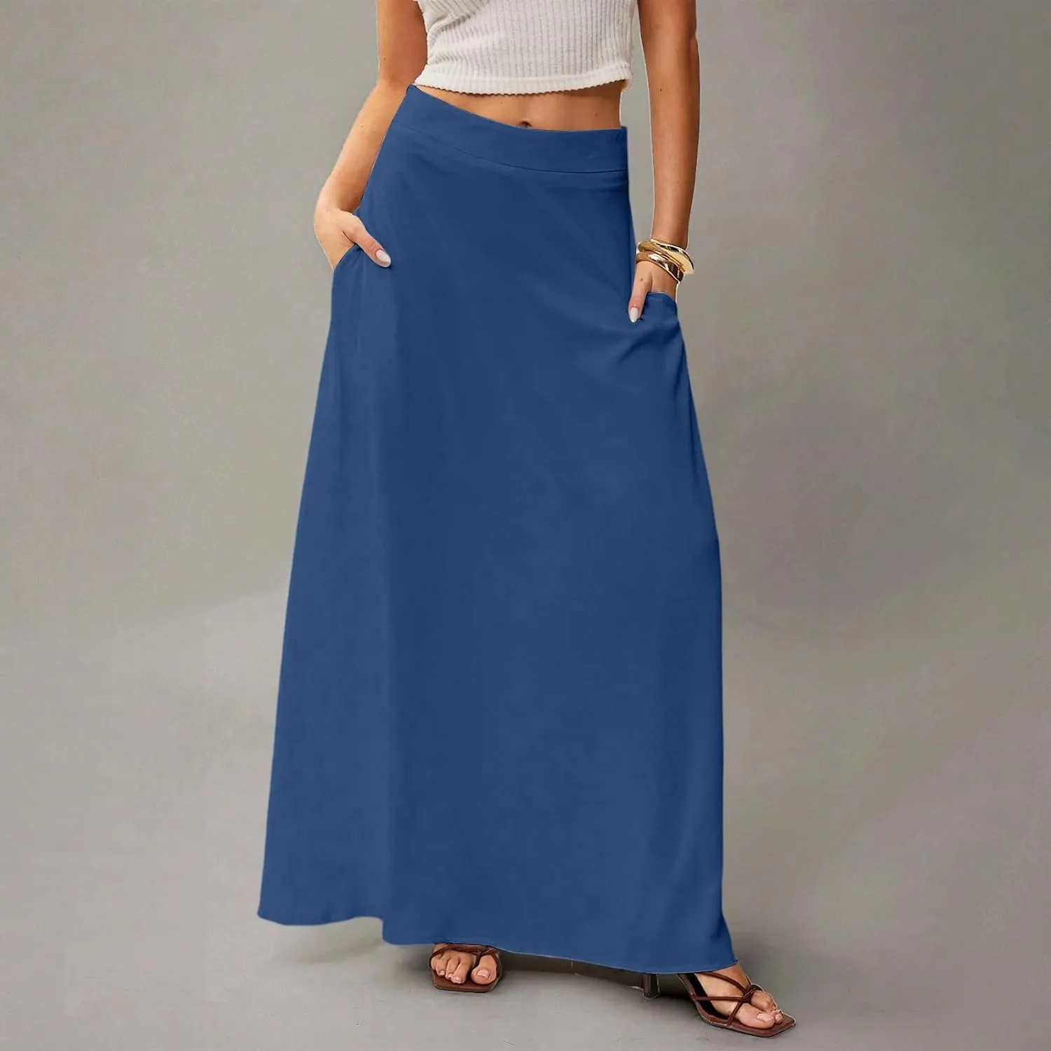 Women's Long Skirts Fall High Waisted Stretchy Solid Flowy Soft Beach Maxi Skirt, S-2XL